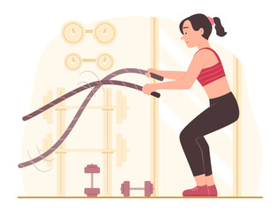 Active Healthy Woman Exercise with Battle Rope in Gym Room to Increase Muscle Strength for Healthcare, Weight Training Workout and Fitness Concept Illustration