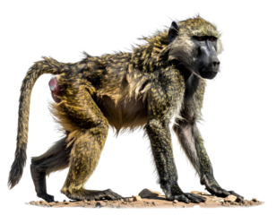 Baboon monkey isolated on white, transparent. National park, South Africa. Primate a 