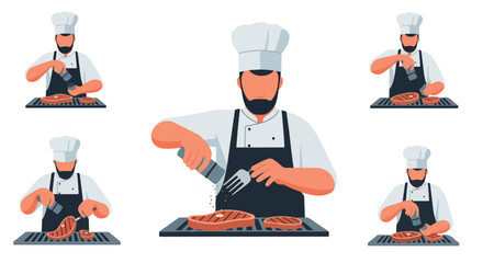 Chef seasoning steak on grill with transparent background