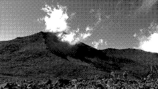 Time-lapse of mountain with moving clouds with dithering effect. Black and white landscape in retro pixel-art style. Great for backgrounds, motion design, and visual effects.
