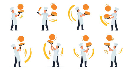 Baker flipping pancakes in various poses with transparent background