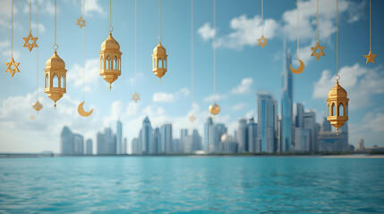 Golden Ramadan lanterns and crescent moons hang in the air above a modern city skyline and ocean Islamic