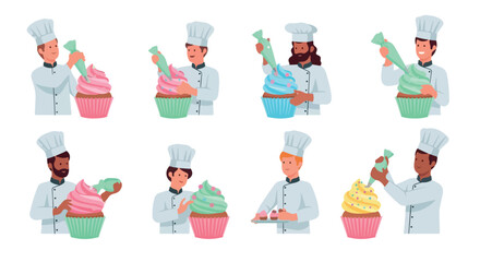 Bakers decorating cupcakes with frosting