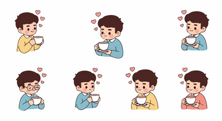 Boy holding cup with hearts, various outfits