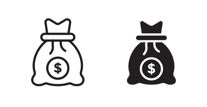 Money bag icons, black line art and clipart vector logo
