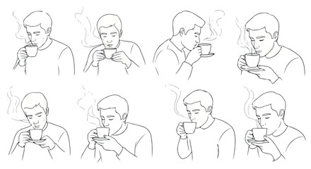 Man enjoying hot beverage, multiple poses