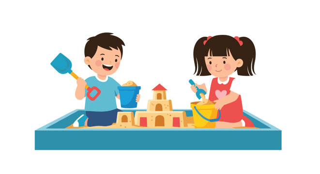 Two happy children enjoy building a large sandcastle in a blue sandbox using shovels and buckets during a sunny day of outdoor play.