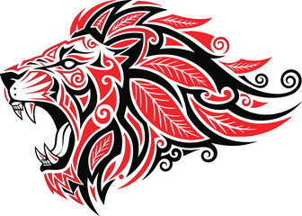 Obraz premium Roaring lion illustration, tribal art, fierce expression, bold black red design, cultural symbol, wild animal, tattoo style, powerful motif