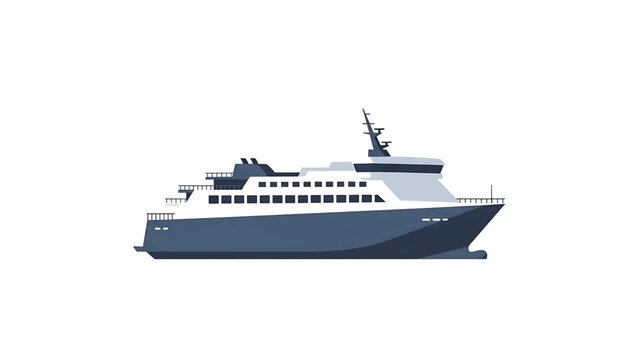 A vector illustration depicts a ferry, painted in shades of blue and white, with a textured effect against a plain white background