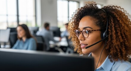 Customer Service Professional: A focused customer service professional diligently assists clients, donning a headset amidst the vibrant backdrop of a modern office.