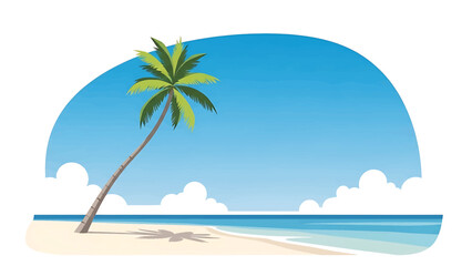 Obraz premium A vibrant, cartoon illustration of a beach scene. A curved palm tree casts a shadow on the sand, with fluffy clouds in the sky. The ocean is serene
