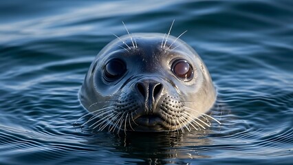 Close Up Portrait of a Harbor Seal Emerging from Rippling Blue Water marine mammal animal