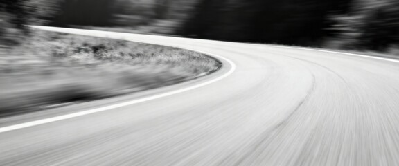 An asphalt winding roadway shown in black and white with motion blur for speed and dynamism.