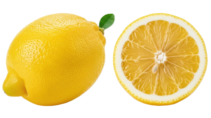 Zesty Citrus Duo: A vibrant still-life showcases the radiant allure of a whole lemon alongside a precisely sliced half, each exuding the essence of freshness and zest.