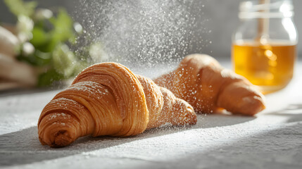 Two golden brown croissants dusted with powdered sugar with a jar of honey in the background Keywords: croissant, pastry, baked, golden brown, powdered sugar, dusting, sugar, sweet, breakfast