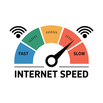 A graphic illustration of an internet speed meter with a needle pointing to slow connection