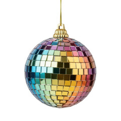 Obraz premium Festive Ornament of Light: An eye-level shot captures a shimmering disco ball ornament, reflecting a spectrum of colors and patterns, a cheerful and celebratory festive detail.