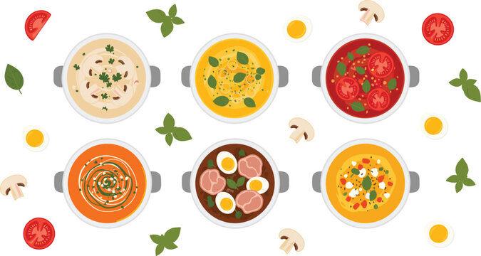 Soup bowls top view vector set with tomato mushroom vegetable cream soups and fresh ingredients isolated