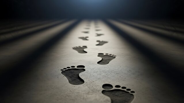 A trail of barefoot impressions leads down a dimly lit corridor with a single light source at the end casting long shadows on the floor with pathway