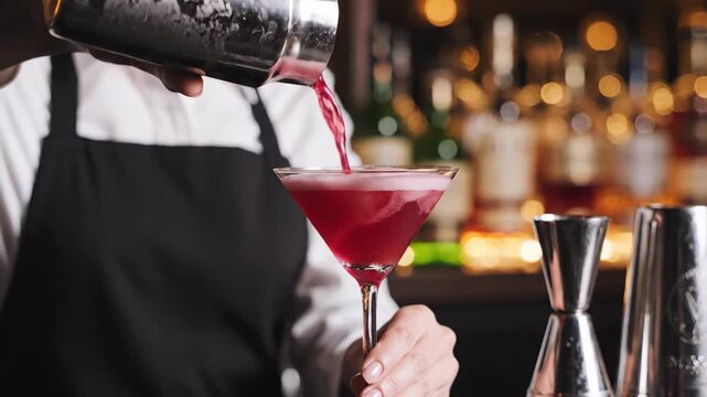 Bartender pours cocktail into martini glass at bar