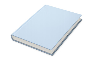 Blank book with light blue cover on transparent background providing space for custom design or educational branding