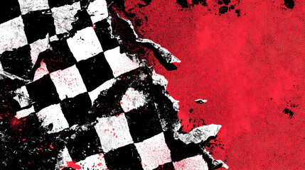 Pop art style collage background, a layer of a black and white checkerboard pattern with a ripped edge, torn to reveal a solid, bold red background, energetic and graphic.