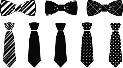 Bow tie and necktie silhouette illustration set with classic formal menswear accessories, isolated on white background for fashion, business, and design projects