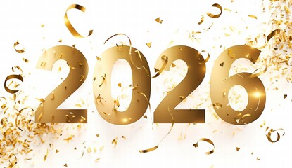 Shiny golden '2026' with confetti for New Year's Eve celebrations, party invitations, and festive designs featuring metallic elements. 