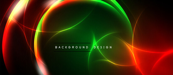 Obraz premium Abstract glowing design features vibrant red, green hues. Circular shapes overlap creating dynamic visual effect. Dark background enhances luminosity.