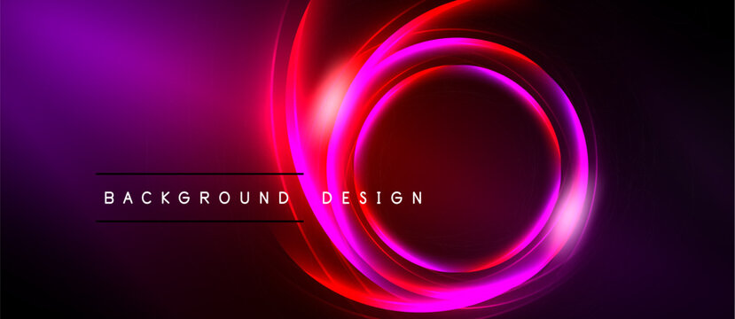 Vibrant neon circles over dark background. Purple, pink, red hues create dynamic visual effect. Modern design element.