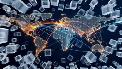 Global logistics supply chain network concept, 3D world map background with glowing routes and floating cargo container blocks for international trade, shipping, and distribution business. - Powered by Adobe