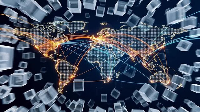 Global logistics supply chain network concept, 3D world map background with glowing routes and floating cargo container blocks for international trade, shipping, and distribution business.