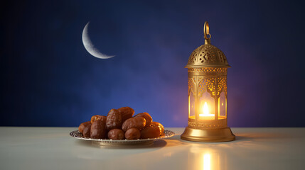 Ramadan Iftar Meal with Dates and Crescent Moon in a Starry Night Sky lantern