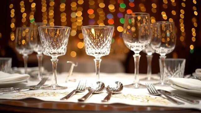 Elegant table setting with crystal glassware and silverware indoors