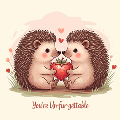Cute hedgehogs sharing strawberry with hearts around them