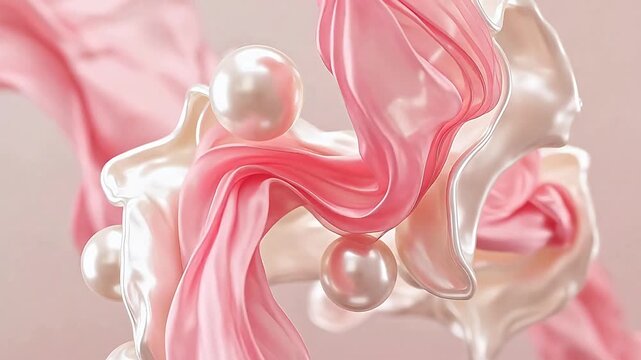 3D rendered pink fluid ribbon with pearl spheres, elegant minimalist cosmetics podium background, soft lighting art illustration for Valentine, Mother's Day, wedding invitation, and skincare banner de