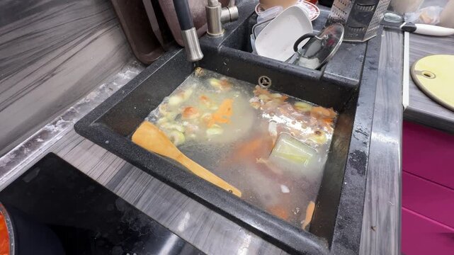 Food waste piled in kitchen sink with running water, threatening drain clog and potential overflow flooding.