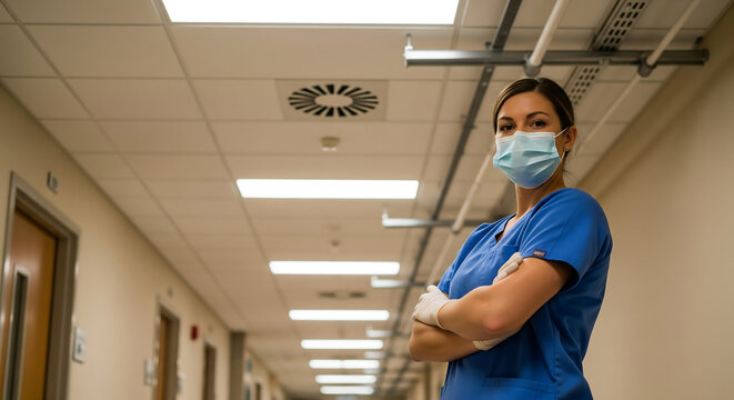 Confident female medical professional stands in hospital corridor, wearing mask and scrubs for Zoonotic Disease, virus, professional portrait from low angle for news, advertising 