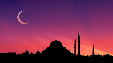 Silhouette of a mosque and minarets against a vibrant purple and pink sunset sky with a crescent moon