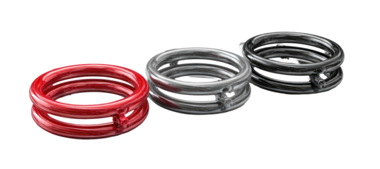 Rings red, silver, black, connected tiers, 3d render