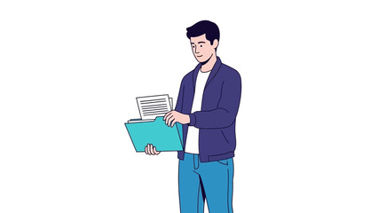 Young man holding a blue folder with documents and standing outdoors in casual attire