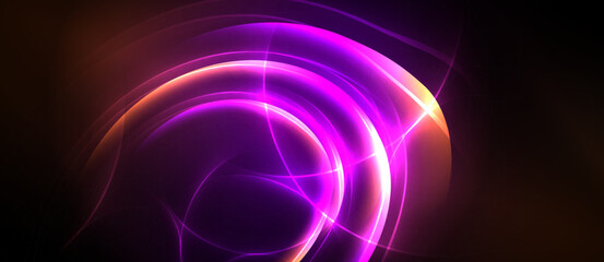 Naklejka premium Bright purple energy swirls, radiating light. Abstract design features curved lines, dynamic composition, dark background. Vivid colors create futuristic feel.