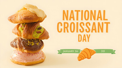 Stacked Croissants and Pastries with National Croissant Day Text and Date pastry baked goods