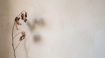 Delicate brown dried leaves cling to a bare branch against a soft neutral wall backdrop.