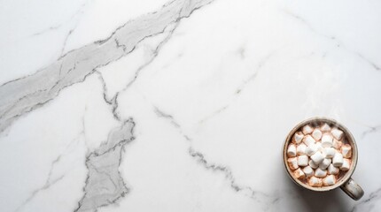 Steaming mug of rich hot chocolate topped with fluffy white marshmallows rests beautifully on white marble.