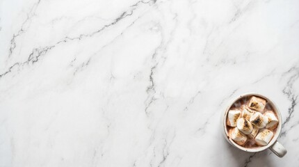 Cozy hot chocolate with toasted marshmallows served in a white mug overhead view