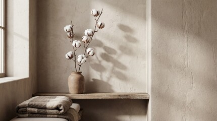Beautiful cotton stems in a rustic terracotta vase sitting on a weathered wooden shelf.