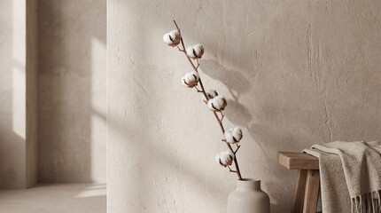 Minimalist natural home decor featuring dried cotton flower branch in a neutral vase setting.