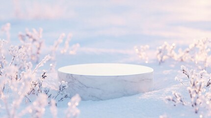 White marble cylindrical podium display resting in soft, frosty winter snow outdoors during sunrise