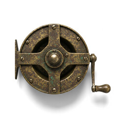 Obraz premium Vintage Brass Fishing Reel Object with Shadow